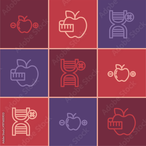 Set line Calorie calculator, No GMO and Apple and measuring tape icon. Vector