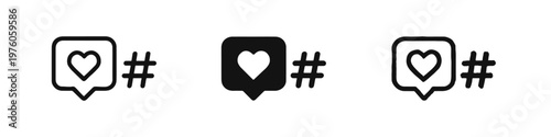 Social Media Likes and Hashtag Icon Set, Online Engagement and Trending Symbol, Popular Content Heart and Hashtag