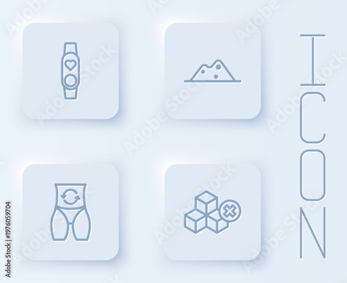 Set line Smart watch with heart, Salt, Metabolism and No sugar free. White square button. Vector