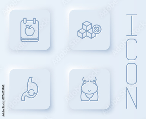 Set line Diet plan, No sugar free, Human stomach health and Obesity. White square button. Vector