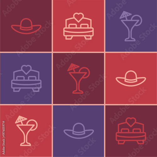 Set line Elegant women hat, Martini glass and Bedroom icon. Vector