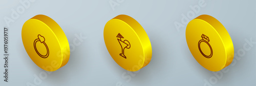 Set Isometric line Diamond engagement ring, Martini glass and icon. Vector