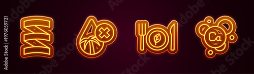 Set line Sports nutrition proteine, Palm oil free, Vegan food diet and Calcium. Glowing neon icon. Vector