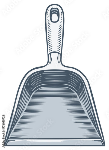 Engraved blue grey dustpan illustration for household cleaning tools and equipment vector drawing