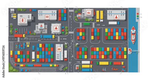 Aerial View of a Busy Container Port with Ships and Trucks.