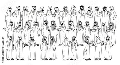 Group of Arab men in traditional attire standing together in a gathering.