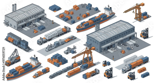 Isometric View of a Busy Industrial Port with Cargo Ships and Warehouses.