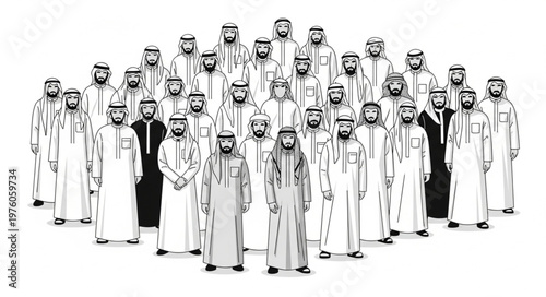 Group of Arab men in traditional attire, standing together in a gathering.