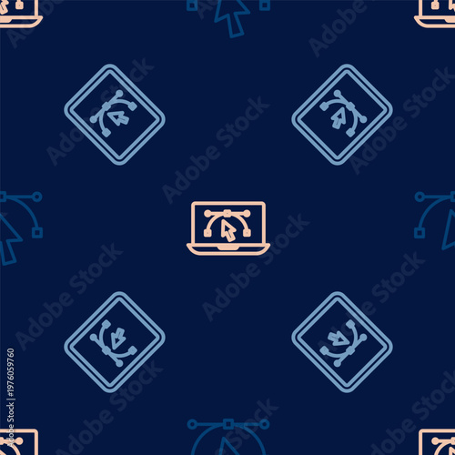 Set line Bezier curve, Computer with design program and on seamless pattern. Vector