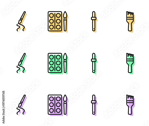 Set line Eyedropper color picker palette, Paint brush, Watercolor paints box and icon. Vector