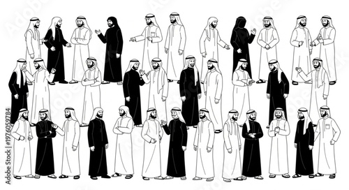 Group of Arab men in traditional attire, standing together in a gathering.