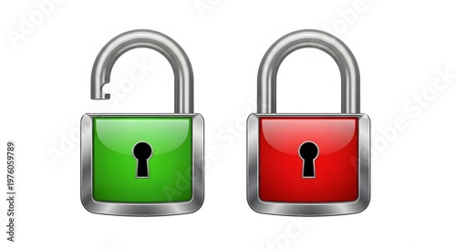 Two padlocks, one unlocked green and one locked red, symbolizing security status and access control
