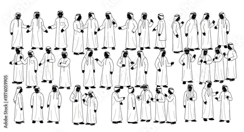 Group of Arab men in traditional attire, standing together in a gathering.