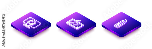 Set Isometric line Paint spray, Picture landscape and Stationery knife icon. Vector