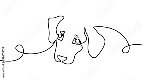 Continuous one line dog drawing art paw illustration pet heart lineart. Dog drawing one line outline print icon veterinary puppy walk footprint running head logo bulldog silhouette background vector.
