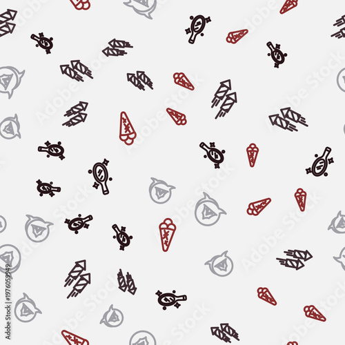 Set line Magic hand mirror, Firework rocket, Circus tent and Ice cream in waffle on seamless pattern. Vector