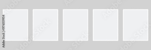 Five blank rectangular postage stamps with perforated edges on a light gray background