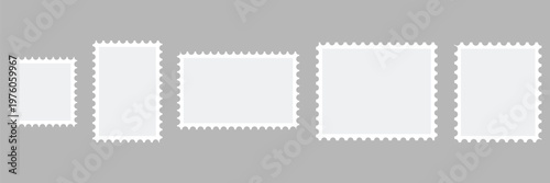 Five blank postage stamp frames of various rectangular and square sizes on gray background