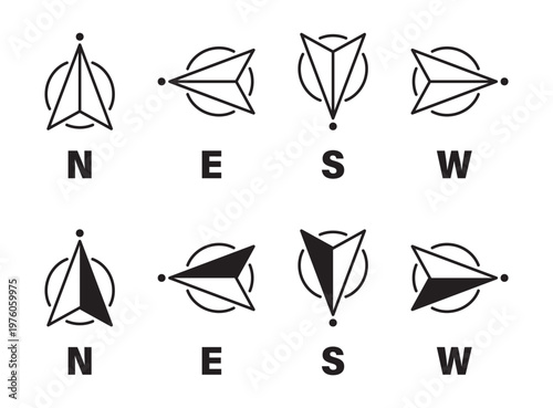Set of compass icons for north, east, south, and west directions. Directional navigation icons.