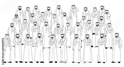 Group of Arab men in traditional attire standing together in a gathering.