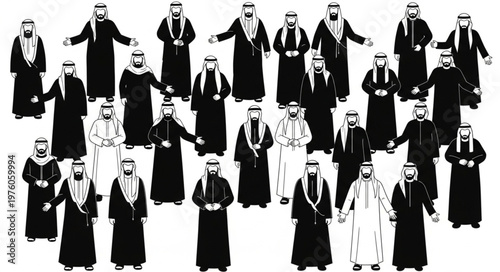 Group of Arab men in traditional attire standing together in a gathering.