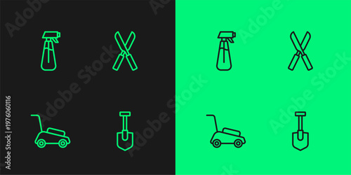 Set line Shovel, Lawn mower, Garden sprayer for water and Gardening scissors icon. Vector