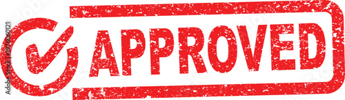 Red rubber stamp impression with the word approved and a checkmark symbol on white background