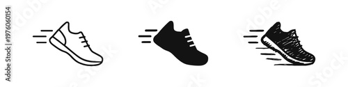 Running Shoe with Speed Lines Icon Set, Sport and Fitness Footwear Symbol, Fast Movement Athletic Shoe Icons