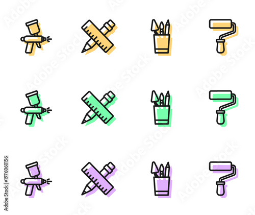 Set line Pencil case stationery, Paint spray gun, Crossed ruler and pencil and roller brush icon. Vector