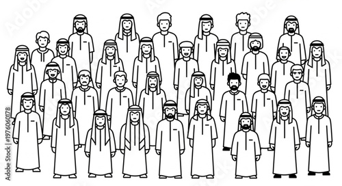 Group of Arab men in traditional attire standing together in a line.