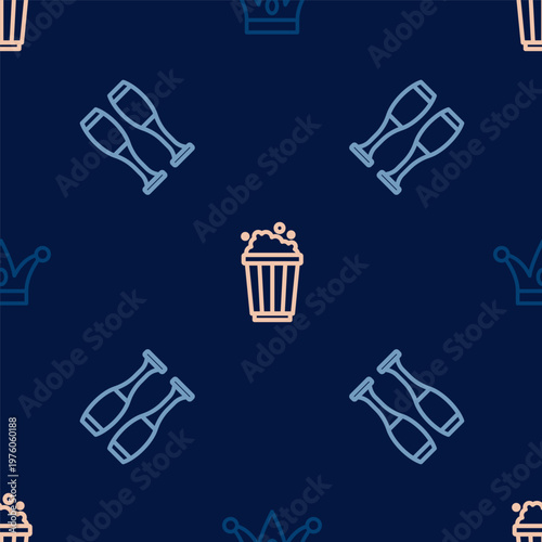 Set line Jester hat with bells, Bowling pin and Popcorn cardboard box on seamless pattern. Vector