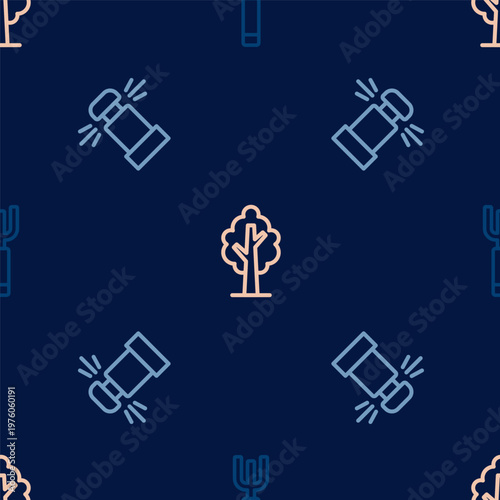 Set line Garden pitchfork, Automatic irrigation sprinklers and Tree on seamless pattern. Vector