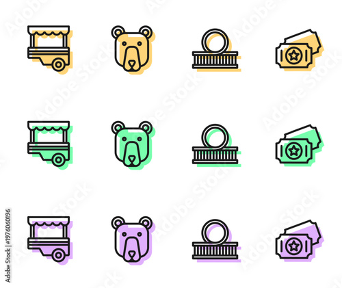 Set line Roller coaster, Fast street food cart, Bear head and Circus ticket icon. Vector