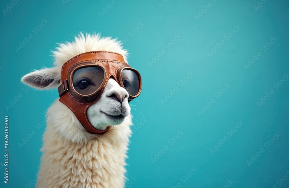 Obraz premium White llama wears aviator goggles and cap against teal background. Animal poses like pilot ready for flight. Quirky mammal shows adventure spirit, ready for journey.