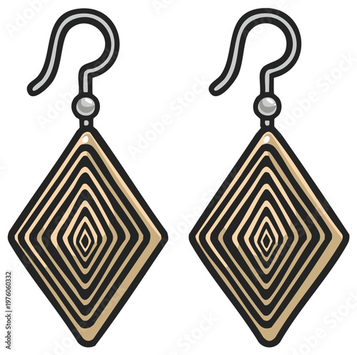 A pair of dangling diamond shaped earrings jewelry design with geometric pattern and silver hook closure illustration