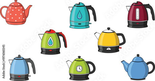 Collection of Electric and Traditional Tea Kettles and Teapots in Various Colors and Designs Isolated on White Background Vector Illustration
