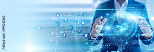 Quadro su tela IT specialist secure hands hold tablet access management system controlling user permissions