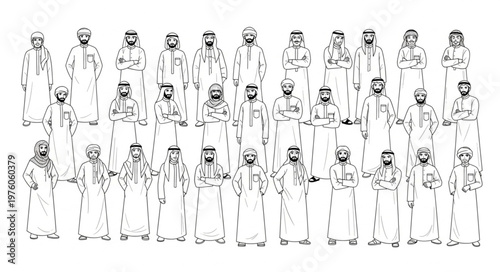 Group of Arab men in traditional attire, standing together in a line.