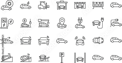 Smart car and automotive technology line icon set featuring electric vehicles, parking, sensors, charging, and autonomous driving concepts