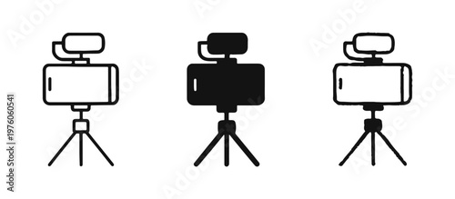 Mobile Videography and Live Streaming Icon Set, Smartphone Vlogging Setup Symbol, Content Creation with Phone and Tripod