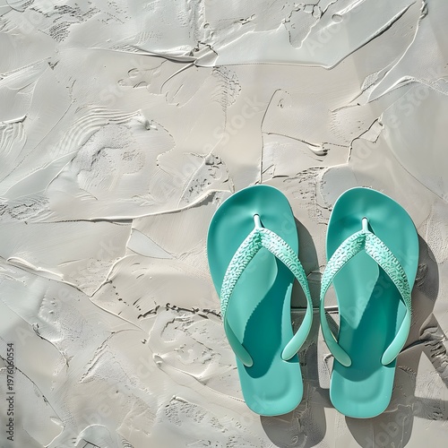 Bright aerial view of a coastal paradise relaxing beach scene with flip flops on sand