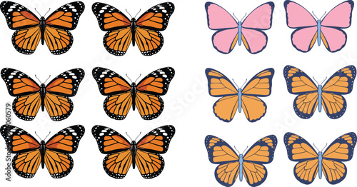 Butterfly icon set featuring flat and detailed styles, colorful wings, symmetrical insect designs, and decorative nature elements in vector format