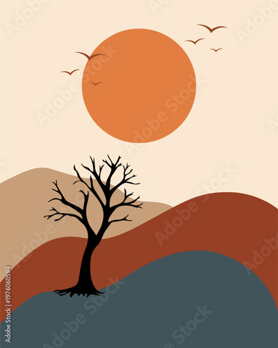 Warm sun sets over layered hills. Silhouetted tree stands lone and stark. Birds fly high, unbothered by dusk. Earth tones evoke quiet, contemplative peace. Ideal for tranquil nature or travel themes