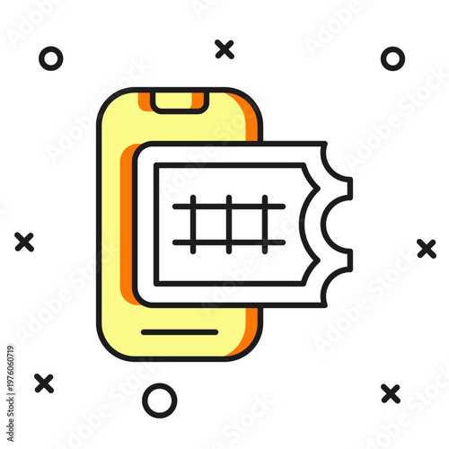 Filled outline Online ticket booking and buying app interface icon isolated on white background. E-tickets ordering. Electronic train ticket on screen. Flat filled outline style with shadow. Vector