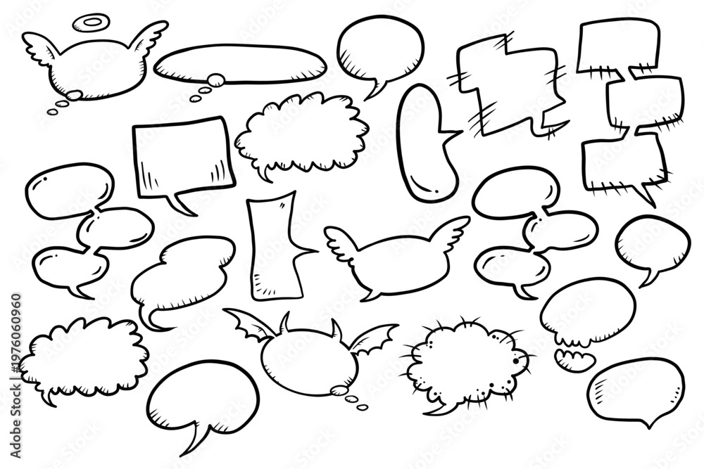 Fototapeta premium Cute Comic Speech Bubbles Collection with Wings and Funny Doodle Shapes