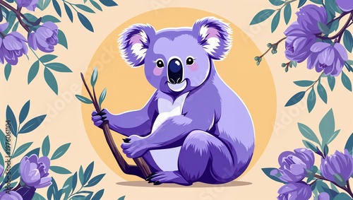 Lavender koala on a soft yellow background in a clean decorative and smooth digital art style simple illustration