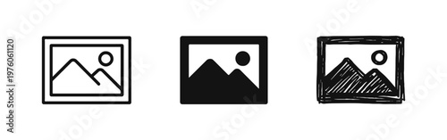 Image gallery icon set. Picture and photo album symbols in line, glyph, and hand drawn styles.