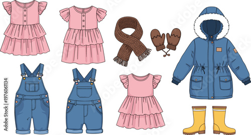 Set of childrens fashion apparel including pink ruffle dresses denim overalls blue winter parka jacket brown scarf mittens and yellow boots
