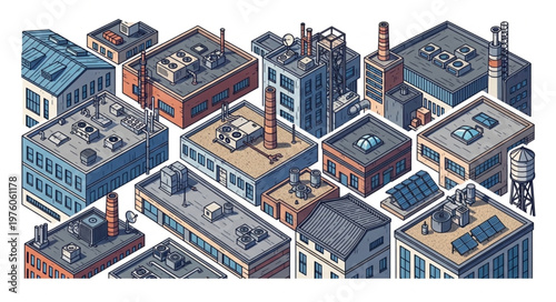 Isometric Rooftop Cityscape - A Detailed Pixel Art Illustration of Urban Buildings.