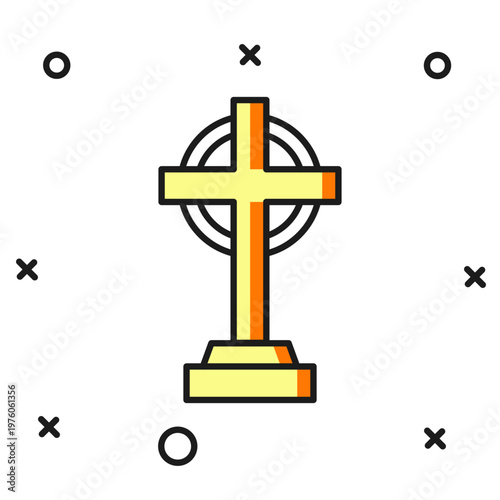 Filled outline Tombstone with cross icon isolated on white background. Grave icon. Happy Halloween party. Flat filled outline style with shadow. Vector